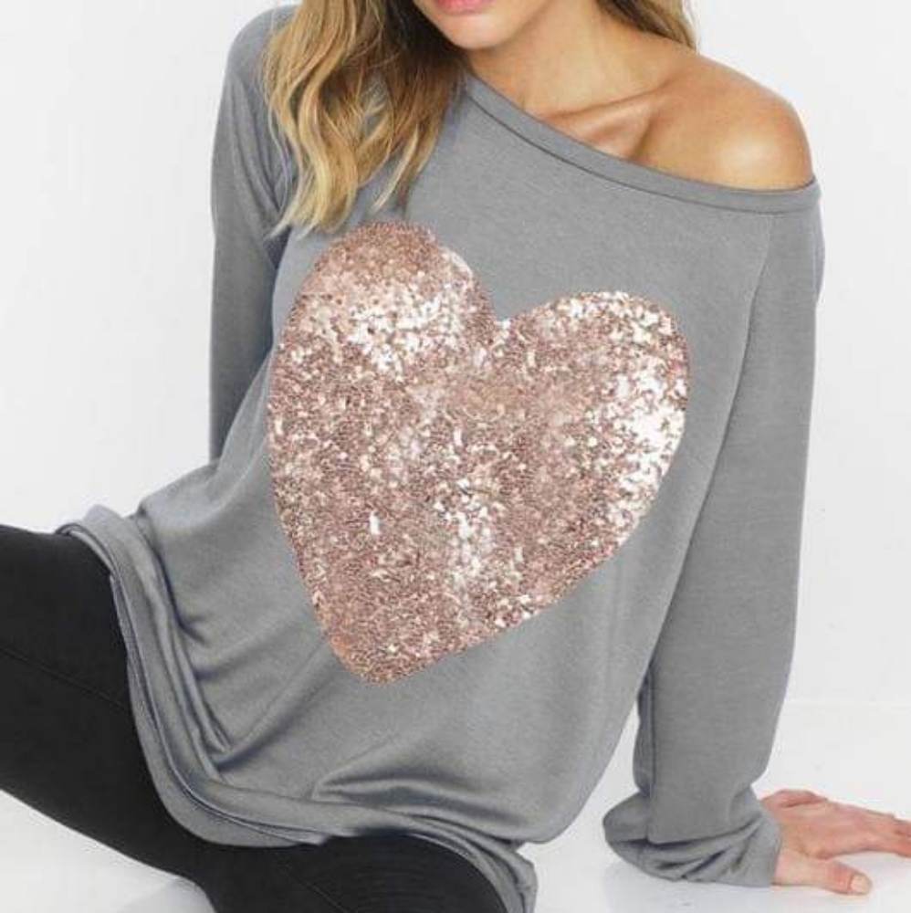 Heather Gray Long Sleeve Top with SEQUIN Heart